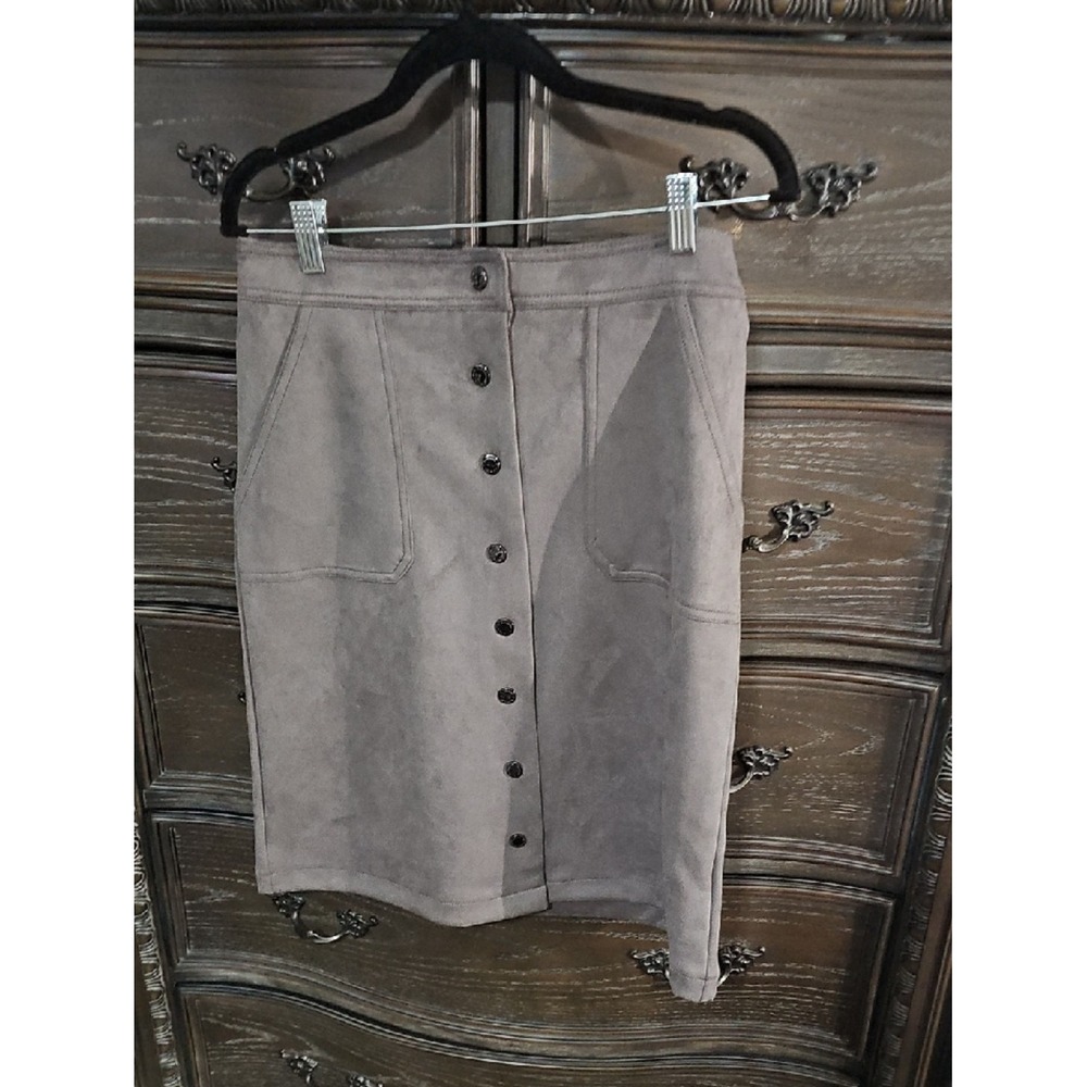 Tahari T Ash Smoke‎ Faux Leather Button Front Midi Skirt Grey TH14296 New